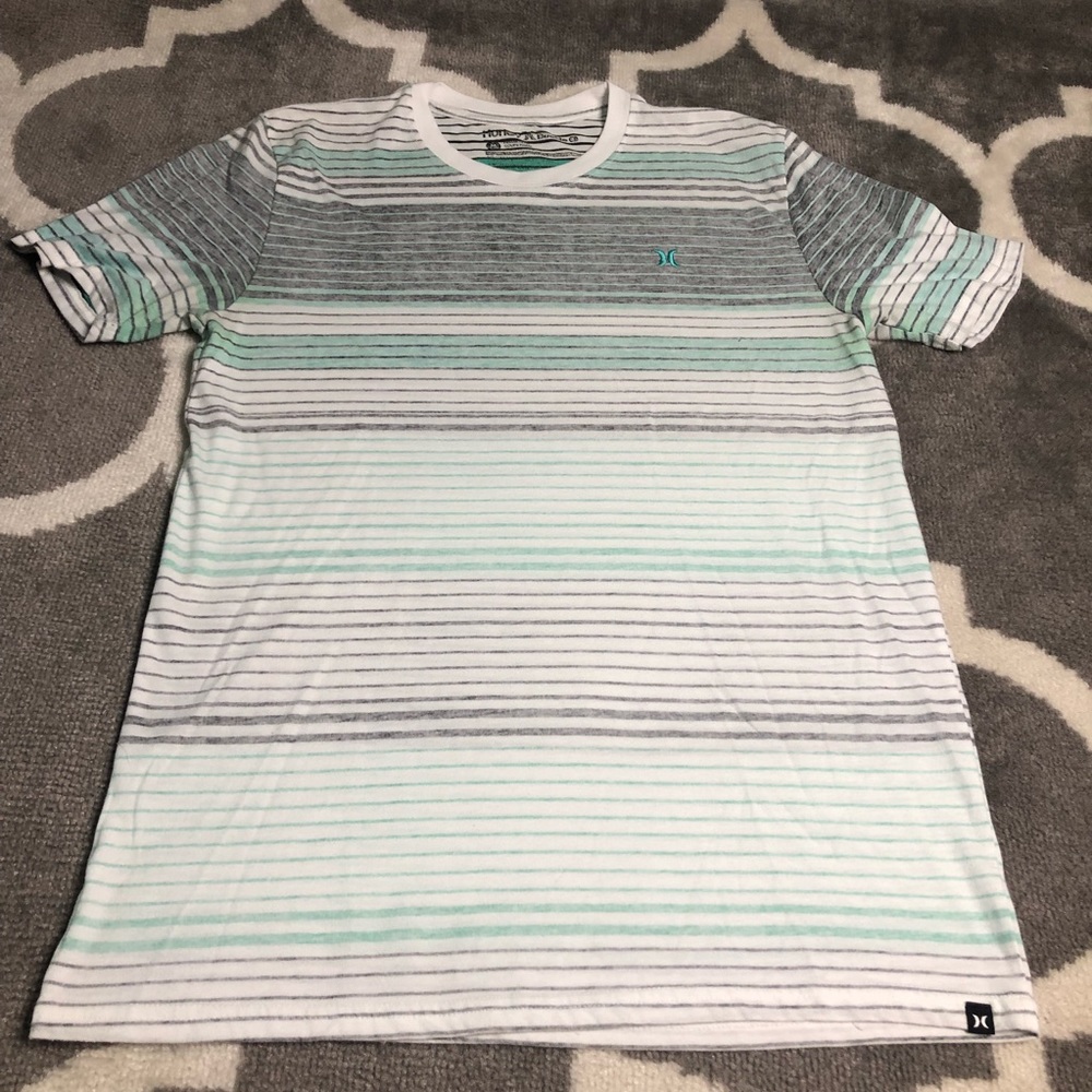 Hurley Shirt Mens Medium Green Gray Striped Crew Neck Tshirt